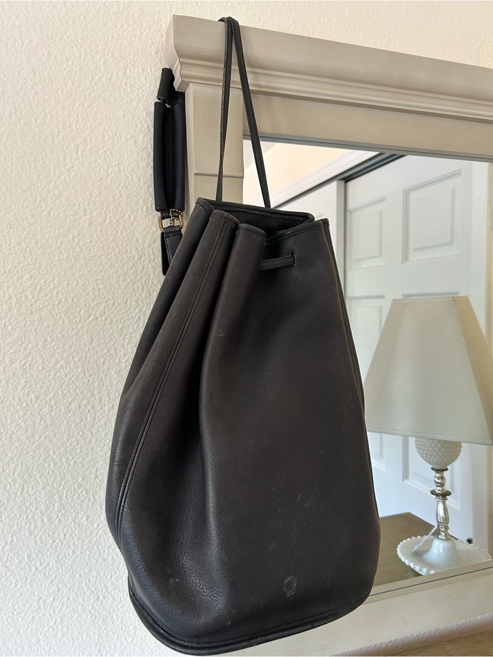Coach Black Leather Drawstring Backpack